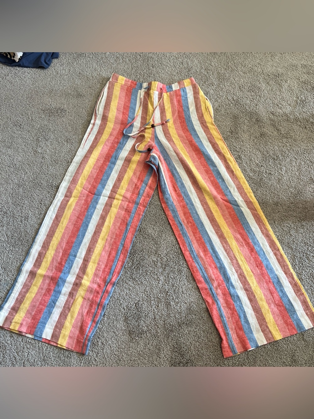 Versona Wide Leg Linen Blend Pants Pink Yellow Blue Stripes Pull On Casual S